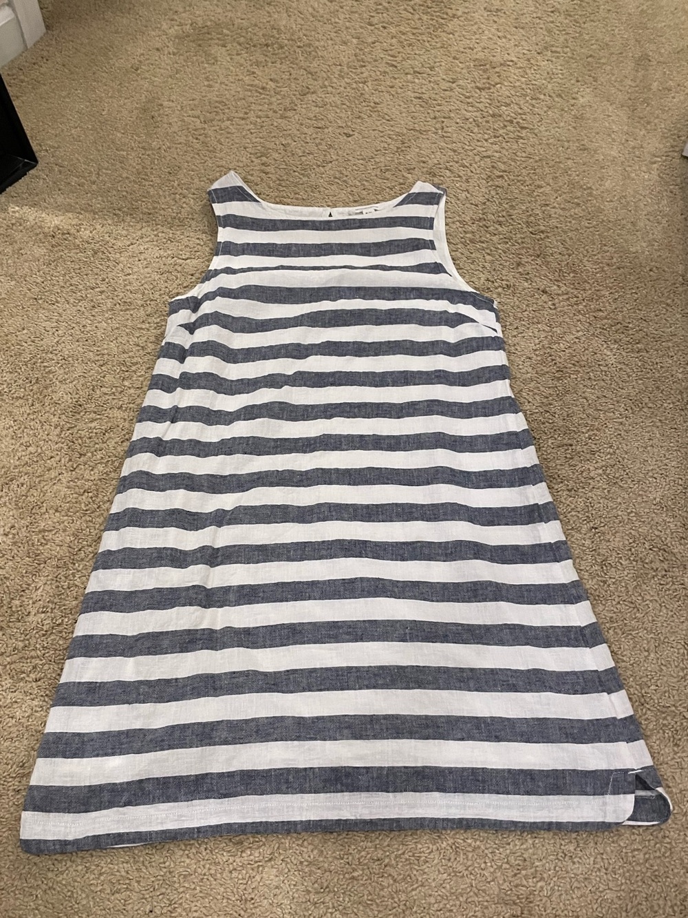 Striped Sleeveless Linen Shift Dress - White & Navy- beach-lunch-lounge